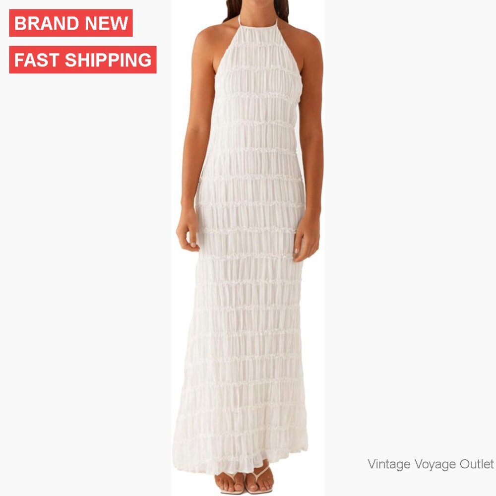 Backless Halter Maxi Dress Formal Wedding Guest Vacation Polyester Textured